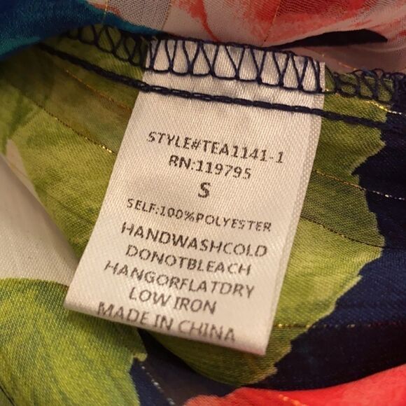 The Moon Floral Bell Sleeve Tie Neck Colorful Semi -Sheer Blouse S Blue Multi - Picture 9 of 9